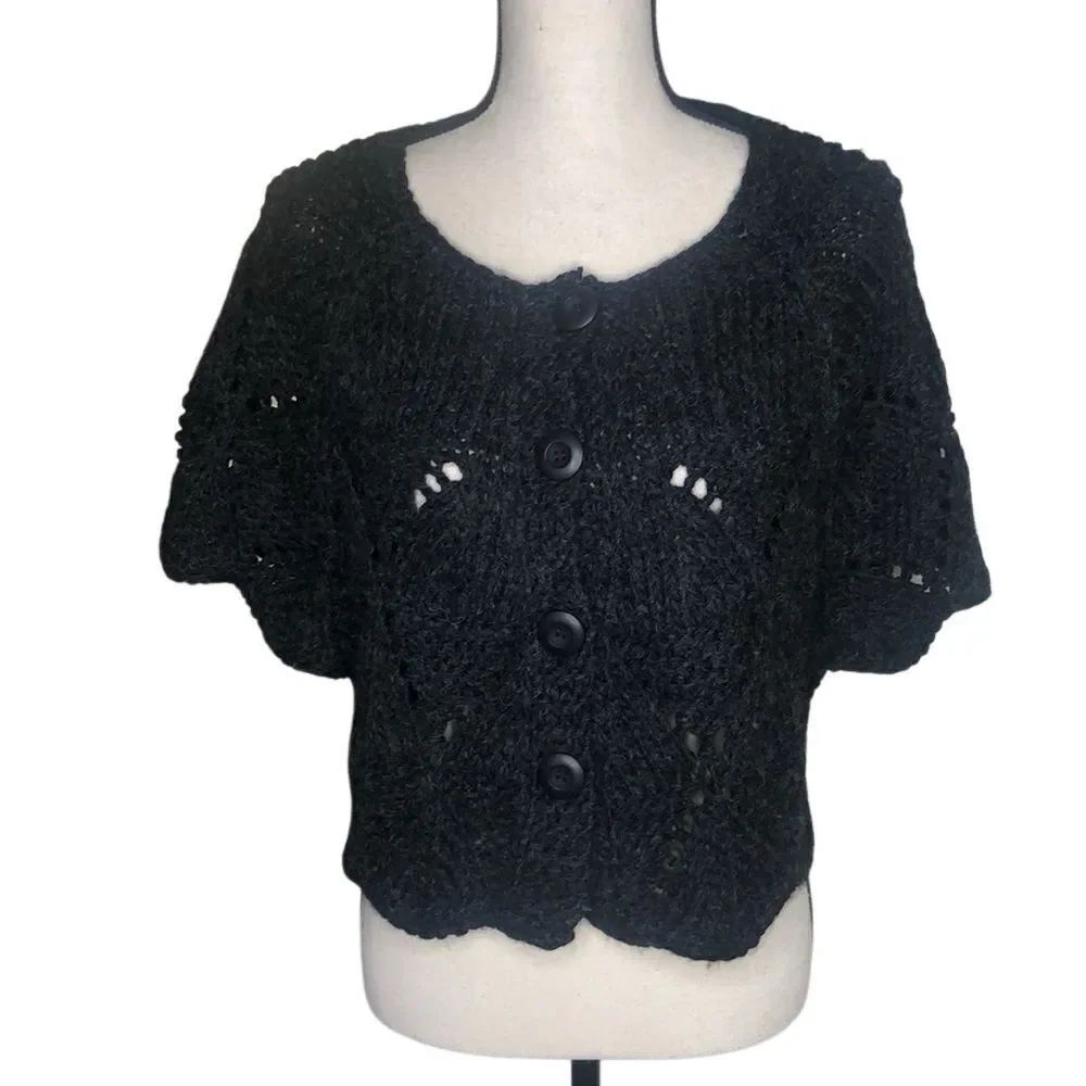 Mystree Dark Gray Open Knit Wool Blend Mixed Stitch Cropped Sweater Sz M/L